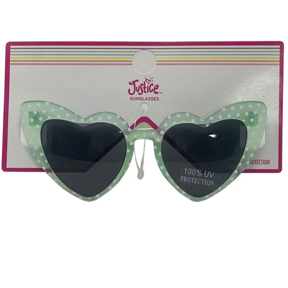 Justice Sunglasses Girls Green Polka Dot Cat Eye Heart Shape 100% UV Protection - Picture 1 of 4